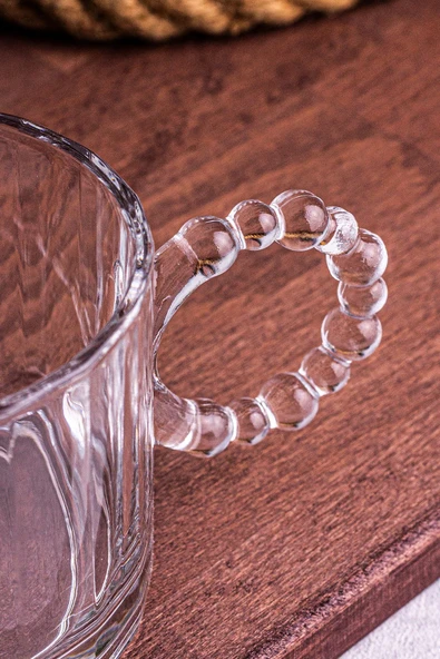 Snippy Cuppy - 6 Adet Cam Bardak Boncuk Kulplu Kupa Çay Kahve Meşrubat Bardağı 300 ml - 6