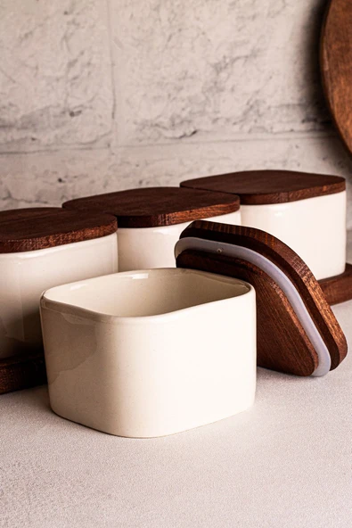 Snippy Luma Beyaz - 5 Parça Tepsili Ahşap Vakumlu Kapaklı Seramik Kahvaltılık Kase Çerezlik 300 ml - 3