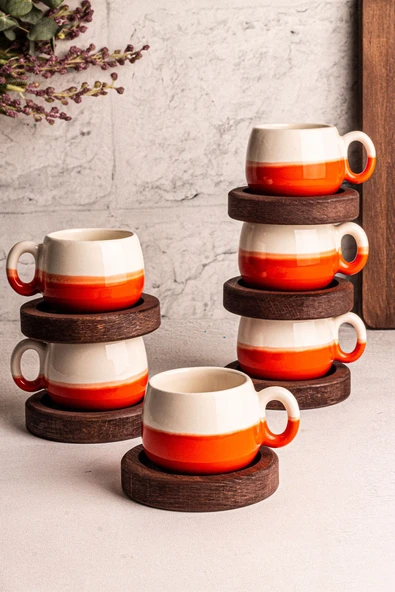 Snippy Rio - El Yapımı Seramik Ahşap Tabaklı Türk Kahvesi Espresso Fincan Seti 12 Parça 6 Kişilik