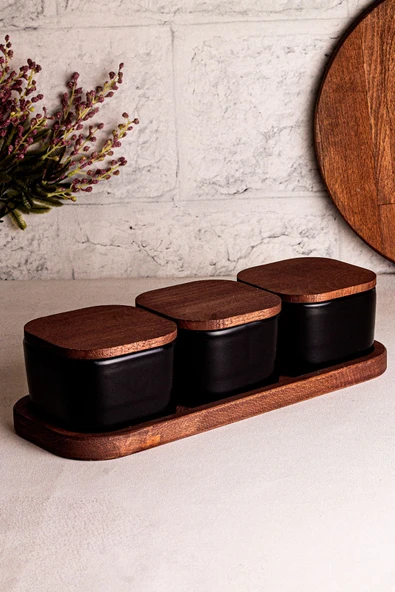Snippy Luma Siyah - 4 Parça Tepsili Ahşap Vakumlu Kapaklı Seramik Kahvaltılık Kase Çerezlik 300 ml