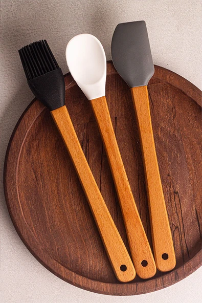 Snippy Daily - 3'lü Bambu Saplı Silikon Spatula Seti 21 cm Mutfak Seti Kaşık Spatula Seti - 3