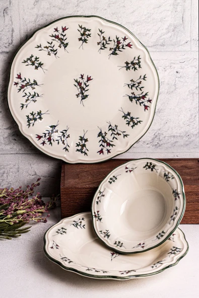 Snippy Khaki - 18 Parça 6 Kişilik Porselen Yemek Takımı Kenarları Silik Vintage Tuval Model Porselen Tabak - 2