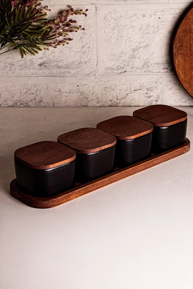 Snippy Luma Siyah - 5 Parça Tepsili Ahşap Vakumlu Kapaklı Seramik Kahvaltılık Kase Çerezlik 300 ml - 4