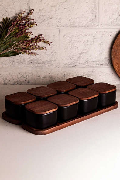 Snippy Luma Siyah - 10 Parça Tepsili Ahşap Vakumlu Kapaklı Seramik Kahvaltılık Kase Çerezlik 300 ml - 3