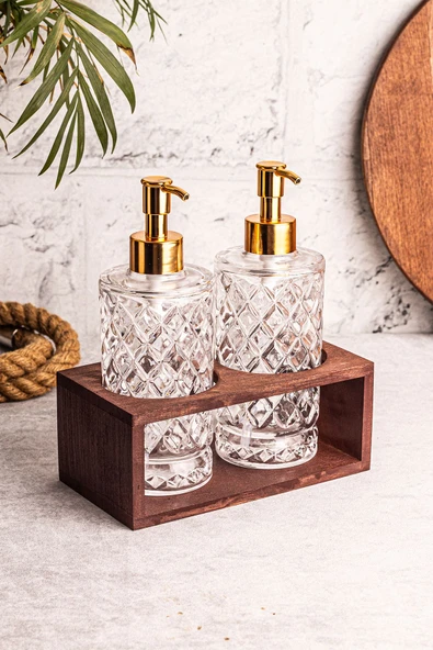 Snippy Bella - Yüksek Ahşap Stantlı 2'li Cam Sıvı Sabun Bulaşık Deterjanı Şişesi Sabunluk 250 ml