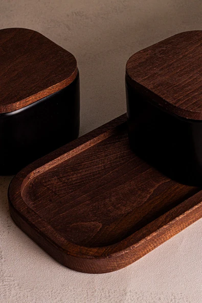 Snippy Luma Siyah - 5 Parça Tepsili Ahşap Vakumlu Kapaklı Seramik Kahvaltılık Kase Çerezlik 300 ml - 6