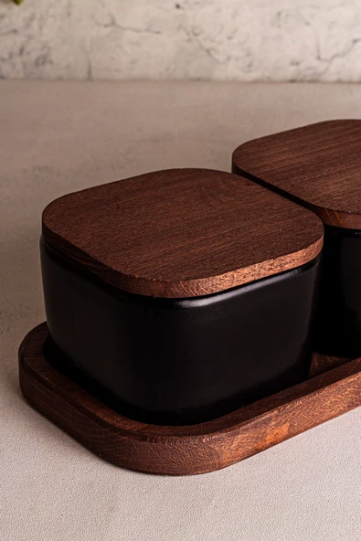 Snippy Luma Siyah - 4 Parça Tepsili Ahşap Vakumlu Kapaklı Seramik Kahvaltılık Kase Çerezlik 300 ml - 4