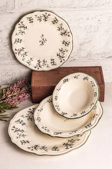 Snippy Khaki - 24 Parça 6 Kişilik Porselen Yemek Takımı Kenarları Silik Vintage Tuval Model Porselen Tabak - 2