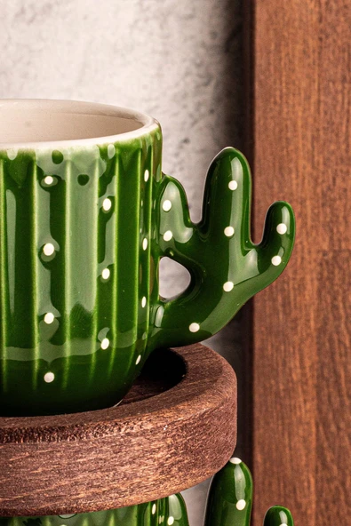 Snippy Kaktüs - El Yapımı Seramik Ahşap Tabaklı Türk Kahvesi Espresso Fincan Seti 12 Parça 6 Kişilik - 2
