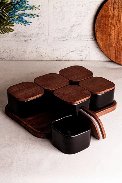 Snippy Luma Siyah - Dikdörtgen Tepsili 6'lı Ahşap Vakumlu Kapaklı Seramik Kahvaltılık Kase Çerezlik 300 ml - 6