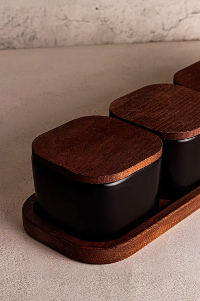 Snippy Luma Siyah - 5 Parça Tepsili Ahşap Vakumlu Kapaklı Seramik Kahvaltılık Kase Çerezlik 300 ml - 5