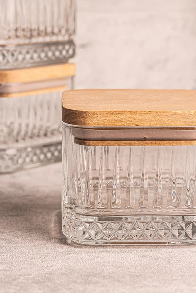 Snippy Bella Soft Kare 6'lı Ahşap Vakumlu Kare Kapaklı Cam Kahvaltılık Çok Amaçlı Cam Çerezlik 230 ml - Resim 6