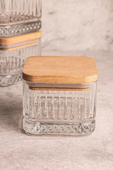 Snippy Bella Soft Kare 6'lı Ahşap Vakumlu Kare Kapaklı Cam Kahvaltılık Çok Amaçlı Cam Çerezlik 230 ml - Resim 3