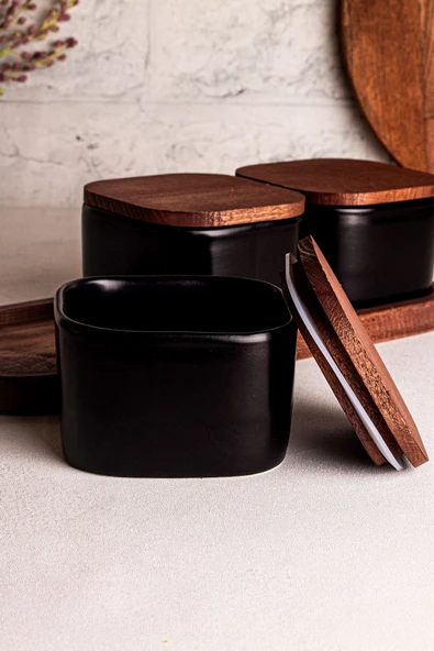 Snippy Luma Siyah - 4 Parça Tepsili Ahşap Vakumlu Kapaklı Seramik Kahvaltılık Kase Çerezlik 300 ml - 2