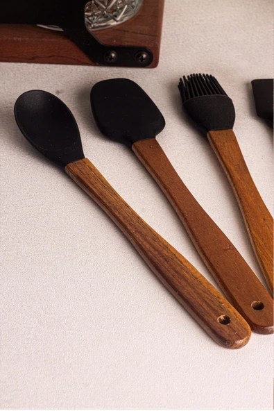 Snippy Milly Siyah - 4'lü Akasya Saplı Siyah Silikon Spatula Seti 21 cm Mutfak Seti Doğal Kaşık Seti - 2