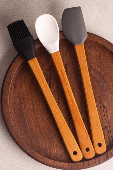 Snippy Daily - 3'lü Bambu Saplı Silikon Spatula Seti 21 cm Mutfak Seti Kaşık Spatula Seti