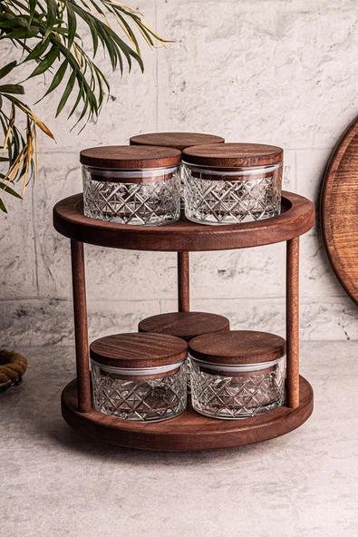 Snippy Tomby Milla - 7 Parça Ahşap Döner Standlı Vakumlu Kapaklı Cam Saklama Kabı Baharatlık Seti 235 ml - Resim 3