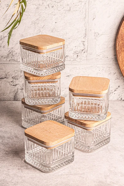 Snippy Bella Soft Kare 6'lı Ahşap Vakumlu Kare Kapaklı Cam Kahvaltılık Çok Amaçlı Cam Çerezlik 230 ml - Resim 2