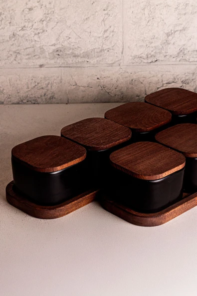 Snippy Luma Siyah - 10 Parça Tepsili Ahşap Vakumlu Kapaklı Seramik Kahvaltılık Kase Çerezlik 300 ml - 2