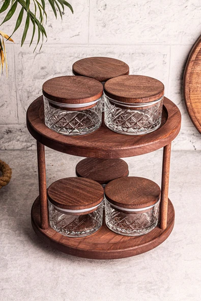 Snippy Tomby Milla - 7 Parça Ahşap Döner Standlı Vakumlu Kapaklı Cam Saklama Kabı Baharatlık Seti 235 ml - Resim 5