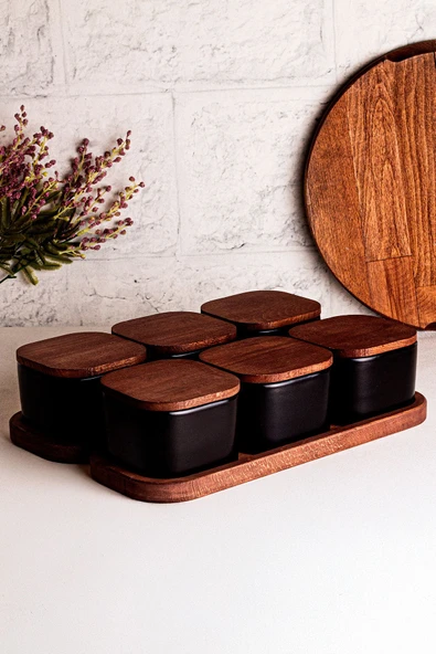 Snippy Luma Siyah - 8 Parça Tepsili Ahşap Vakumlu Kapaklı Seramik Kahvaltılık Kase Çerezlik 300 ml - 6