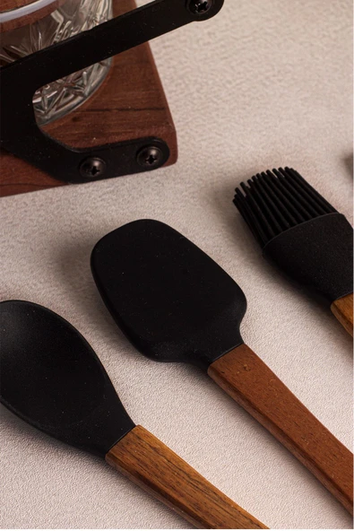 Snippy Milly Siyah - 4'lü Akasya Saplı Siyah Silikon Spatula Seti 21 cm Mutfak Seti Doğal Kaşık Seti - 7