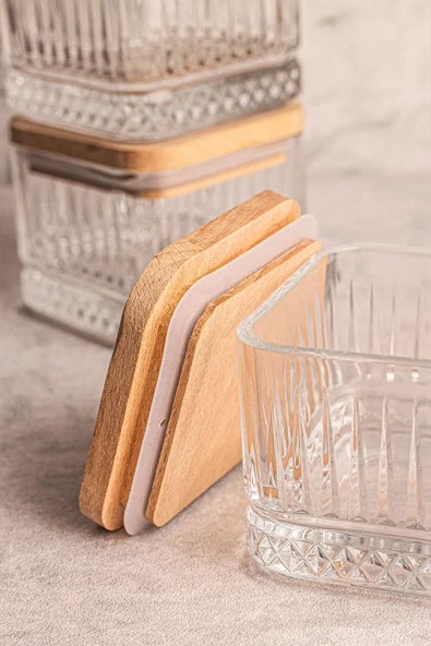 Snippy Bella Soft Kare 6'lı Ahşap Vakumlu Kare Kapaklı Cam Kahvaltılık Çok Amaçlı Cam Çerezlik 230 ml - Resim 4