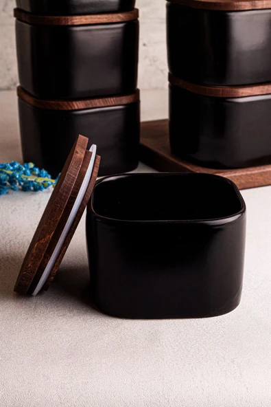 Snippy Luma Siyah - 6'lı Ahşap Vakumlu Kapaklı Seramik Kahvaltılık Çok Amaçlı Seramik Kase Çerezlik 300 ml - 5