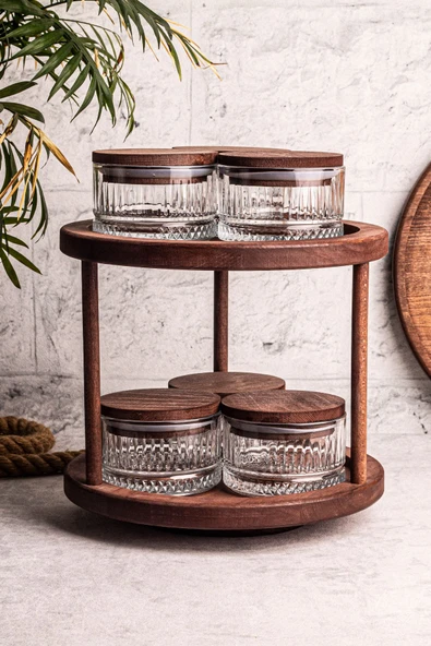 Snippy Tomby Bella - 7 Parça Ahşap Döner Standlı Vakumlu Kapaklı Cam Saklama Kabı Baharatlık Seti 235 ml - Resim 3