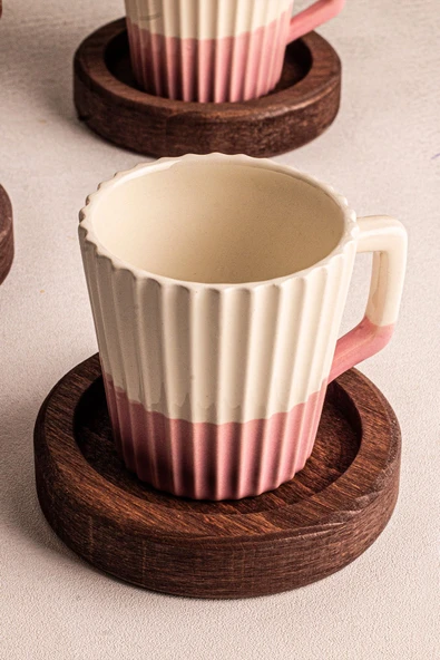 Snippy Wale - El Yapımı Seramik Ahşap Tabaklı Türk Kahvesi Espresso Fincan Seti 12 Parça 6 Kişilik - 6