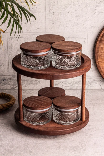 Snippy Tomby Milla - 7 Parça Ahşap Döner Standlı Vakumlu Kapaklı Cam Saklama Kabı Baharatlık Seti 235 ml ürün görseli
