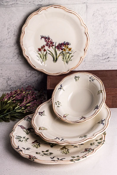 Snippy Wild - 24 Parça 6 Kişilik Porselen Yemek Takımı Kenarları Silik Vintage Tuval Model Porselen Tabak - 2