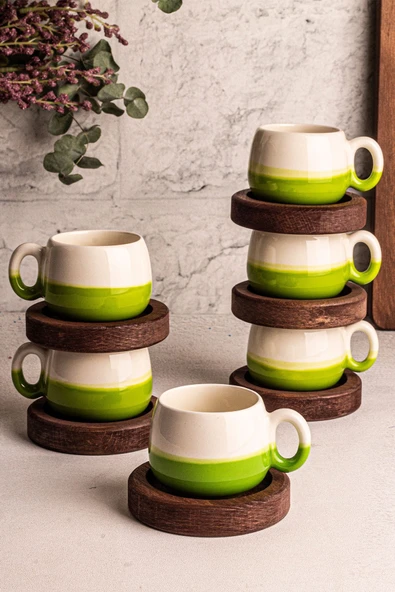 Snippy Rio - El Yapımı Seramik Ahşap Tabaklı Türk Kahvesi Espresso Fincan Seti 12 Parça 6 Kişilik