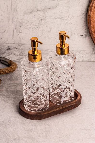 Snippy Mira - Ahşap Stantlı 2'li Cam Sıvı Sabun Bulaşık Deterjanı Şişesi Sabunluk 250 ml - 2
