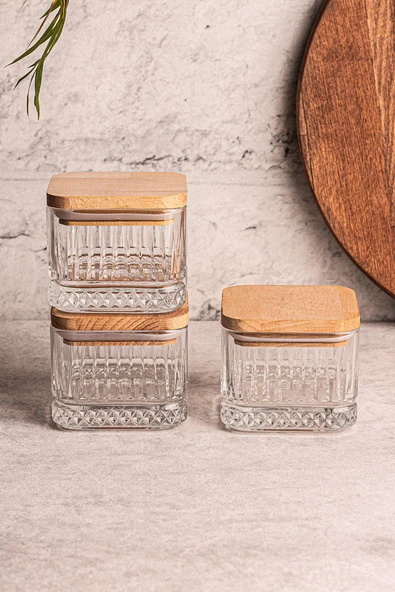 Snippy Bella Soft Kare 3'lü Ahşap Vakumlu Kare Kapaklı Cam Kahvaltılık Çok Amaçlı Cam Çerezlik 230 ml - 7