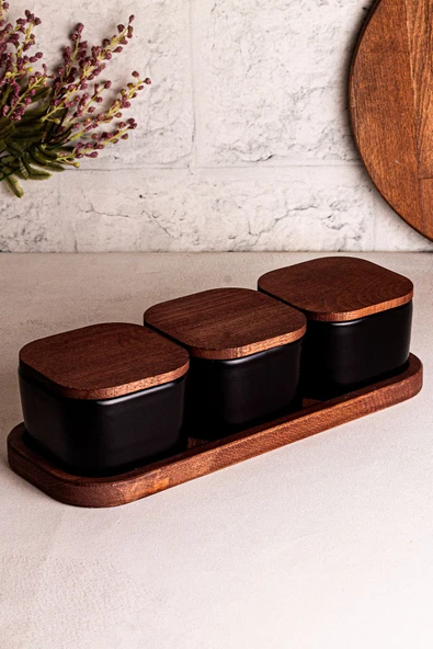 Snippy Luma Siyah - 4 Parça Tepsili Ahşap Vakumlu Kapaklı Seramik Kahvaltılık Kase Çerezlik 300 ml - 5