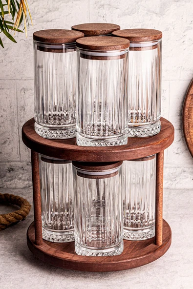 Snippy Tomira - 9 Parça Ahşap Döner Standlı Vakumlu Kapaklı Cam Saklama Kabı Baharatlık Seti 450 ml - Resim 3