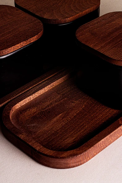 Snippy Luma Siyah - 8 Parça Tepsili Ahşap Vakumlu Kapaklı Seramik Kahvaltılık Kase Çerezlik 300 ml - 7