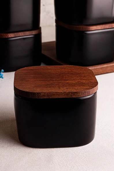 Snippy Luma Siyah - 6'lı Ahşap Vakumlu Kapaklı Seramik Kahvaltılık Çok Amaçlı Seramik Kase Çerezlik 300 ml - 7