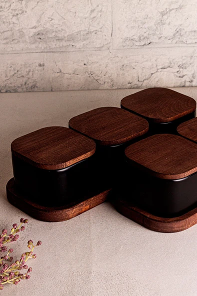 Snippy Luma Siyah - 8 Parça Tepsili Ahşap Vakumlu Kapaklı Seramik Kahvaltılık Kase Çerezlik 300 ml - 4