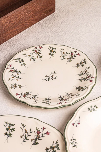 Snippy Khaki - 24 Parça 6 Kişilik Porselen Yemek Takımı Kenarları Silik Vintage Tuval Model Porselen Tabak - 3
