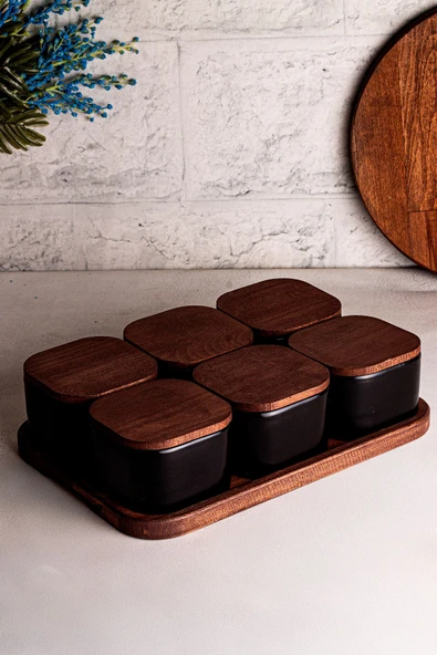 Snippy Luma Siyah - Dikdörtgen Tepsili 6'lı Ahşap Vakumlu Kapaklı Seramik Kahvaltılık Kase Çerezlik 300 ml - 3
