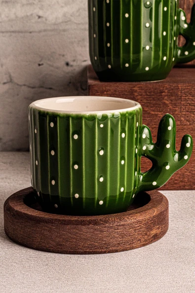 Snippy Kaktüs - 4 Parça 2 Kişilik El Yapımı Seramik Ahşap Tabaklı Türk Kahvesi Espresso Fincan Seti - 4