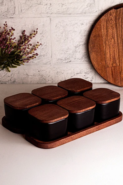 Snippy Luma Siyah - 8 Parça Tepsili Ahşap Vakumlu Kapaklı Seramik Kahvaltılık Kase Çerezlik 300 ml