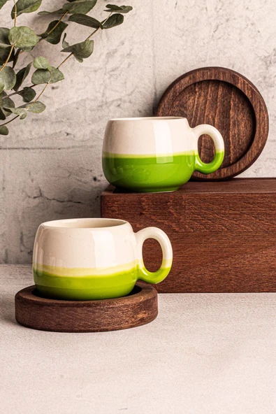 Snippy Rio - 4 Parça 2 Kişilik El Yapımı Seramik Ahşap Tabaklı Türk Kahvesi Espresso Fincan Seti