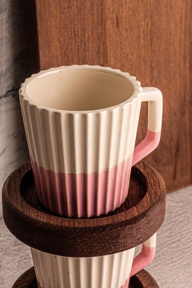 Snippy Wale - El Yapımı Seramik Ahşap Tabaklı Türk Kahvesi Espresso Fincan Seti 12 Parça 6 Kişilik - 4