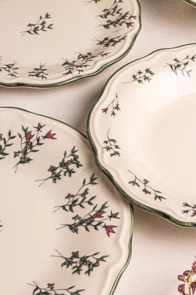 Snippy Khaki - 24 Parça 6 Kişilik Porselen Yemek Takımı Kenarları Silik Vintage Tuval Model Porselen Tabak - 8