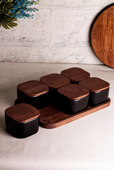 Snippy Luma Siyah - Dikdörtgen Tepsili 6'lı Ahşap Vakumlu Kapaklı Seramik Kahvaltılık Kase Çerezlik 300 ml - 7