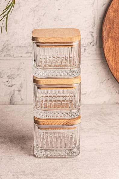 Snippy Bella Soft Kare 3'lü Ahşap Vakumlu Kare Kapaklı Cam Kahvaltılık Çok Amaçlı Cam Çerezlik 230 ml