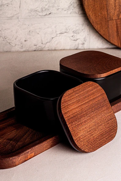 Snippy Luma Siyah - 4 Parça Tepsili Ahşap Vakumlu Kapaklı Seramik Kahvaltılık Kase Çerezlik 300 ml - 6